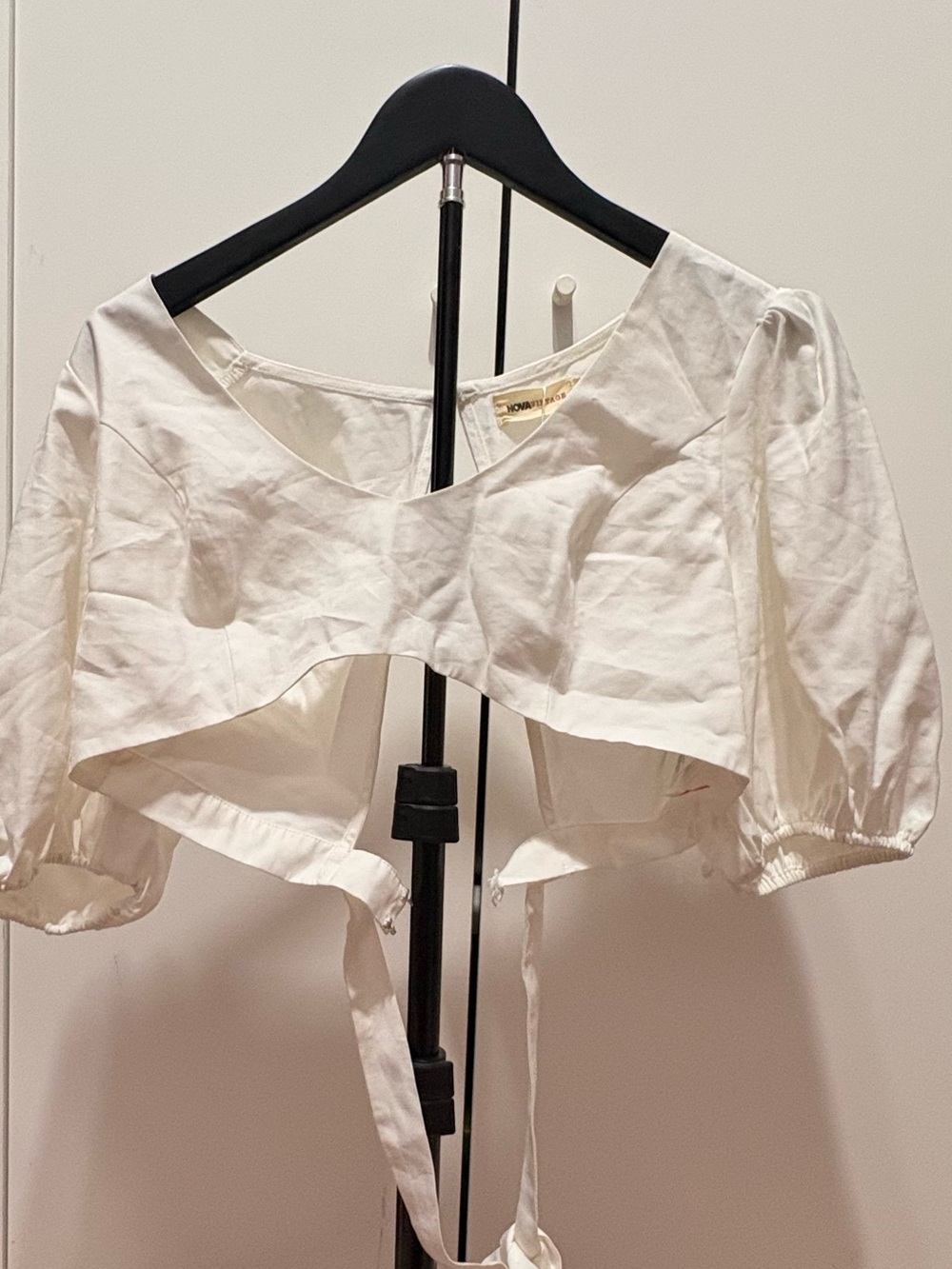 Nova Vintage White Linen-Look Tie Front Puff Sleeve Top